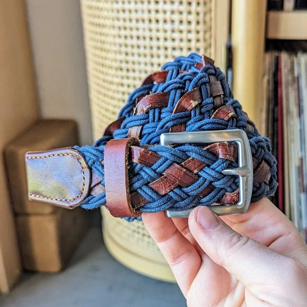 Vintage Western Blue and Brown Leather Braided Belt Unisex
